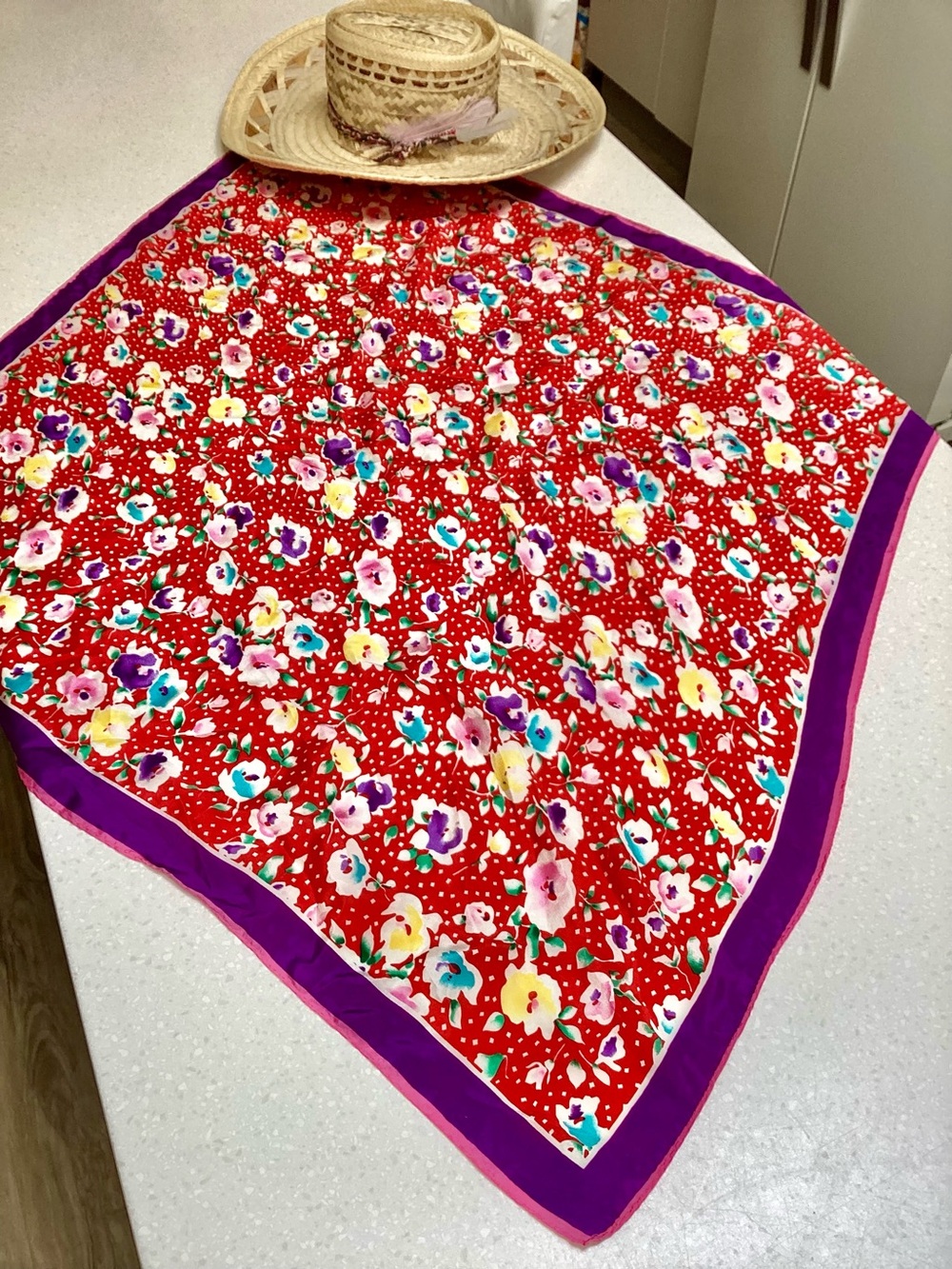 BILL BLASS Silk vintage Red Floral Scarf/wrap with Purple southwestern vibe